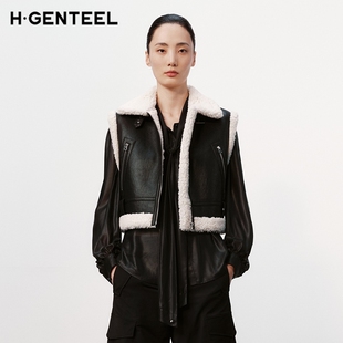 H·GENTEEL荷高新款冬装女绒感翻领拼接高腰袢马甲GCE43660678