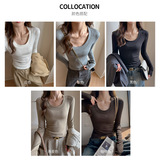 W美式圆领正肩长袖打底衫女秋冬加厚磨毛高级感修身显瘦内搭上衣，保暖内衣，搜酷衣阁