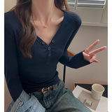 W秋冬天丝莱赛尔长袖打底衫女设计感小众纽扣修身显瘦内搭上衣，保暖内衣，搜酷衣阁