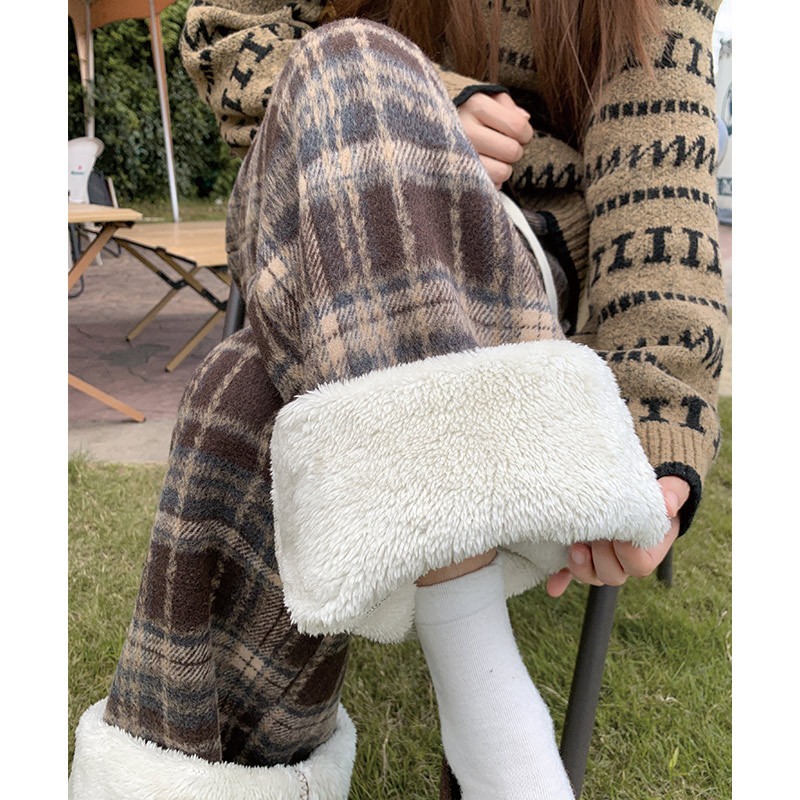 咖色羊羔绒格子裤女秋冬2025新款高腰垂感复古慵懒加绒毛呢阔腿裤，女装休闲裤，搜酷衣阁
