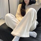 针织细格阔腿裤女秋季新款高腰宽松休闲拖地长裤垂感窄版直筒裤子，女装休闲裤，搜酷衣阁