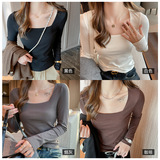 W秋冬季新款方领正肩长袖打底衫女士高级感纯棉内搭修身显瘦上衣，保暖内衣，搜酷衣阁