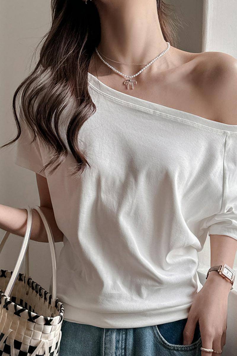 严选白色一字肩短袖t恤女夏季新款甜辣宽松百搭露肩小上衣，女装T恤，搜酷衣阁