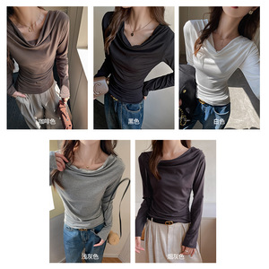 工厂美式荡领长袖t恤女早秋季设计感不规则内搭打底衫上衣