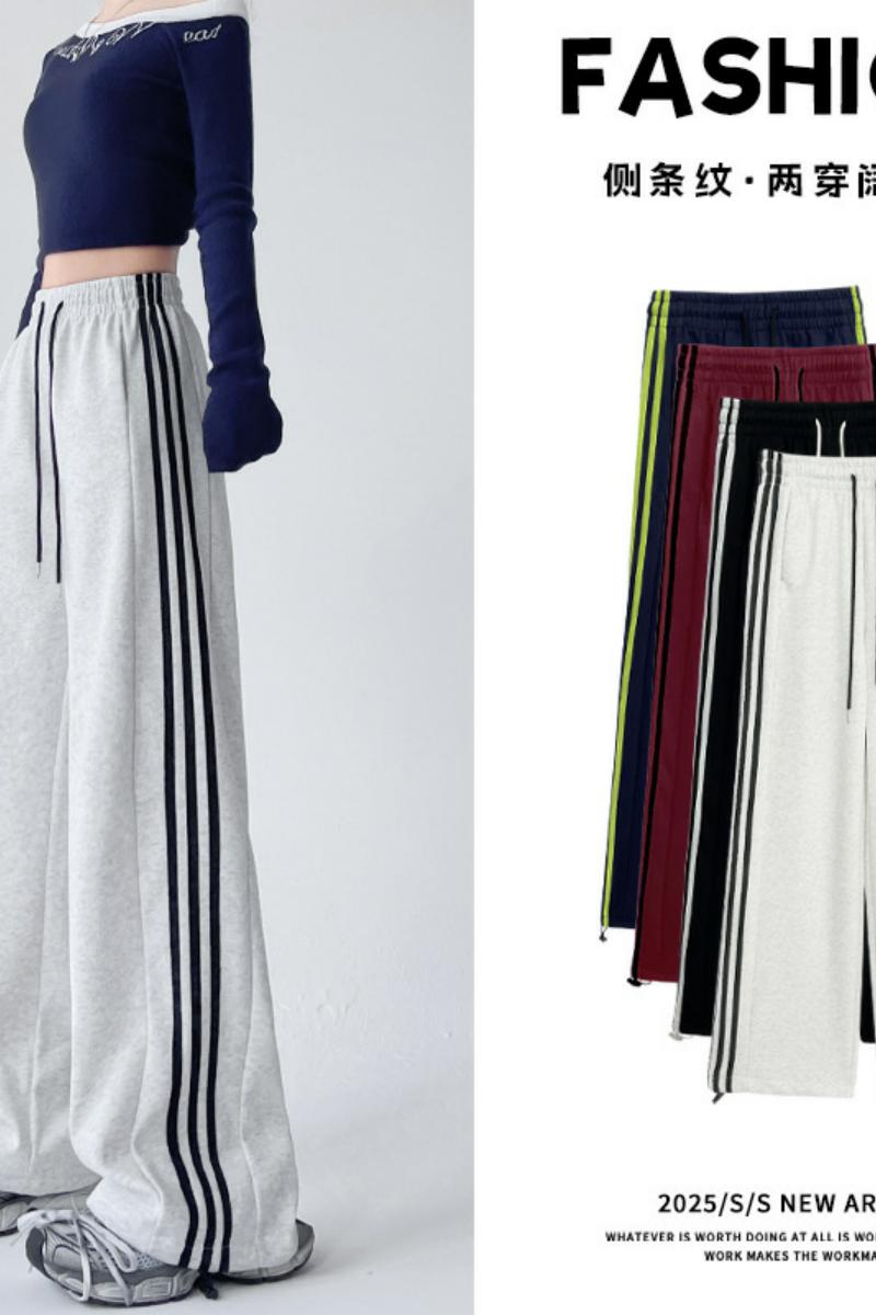 美式高腰侧三杠卫裤春秋女宽松直筒休闲阔腿裤两穿束脚条纹运动裤，女装休闲裤，搜酷衣阁