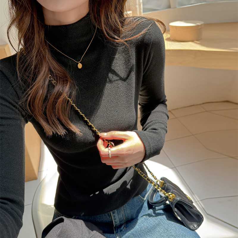 仿羊绒磨毛简约款半高领长袖t恤女内搭打底衫中领德绒季上衣，女装T恤，搜酷衣阁