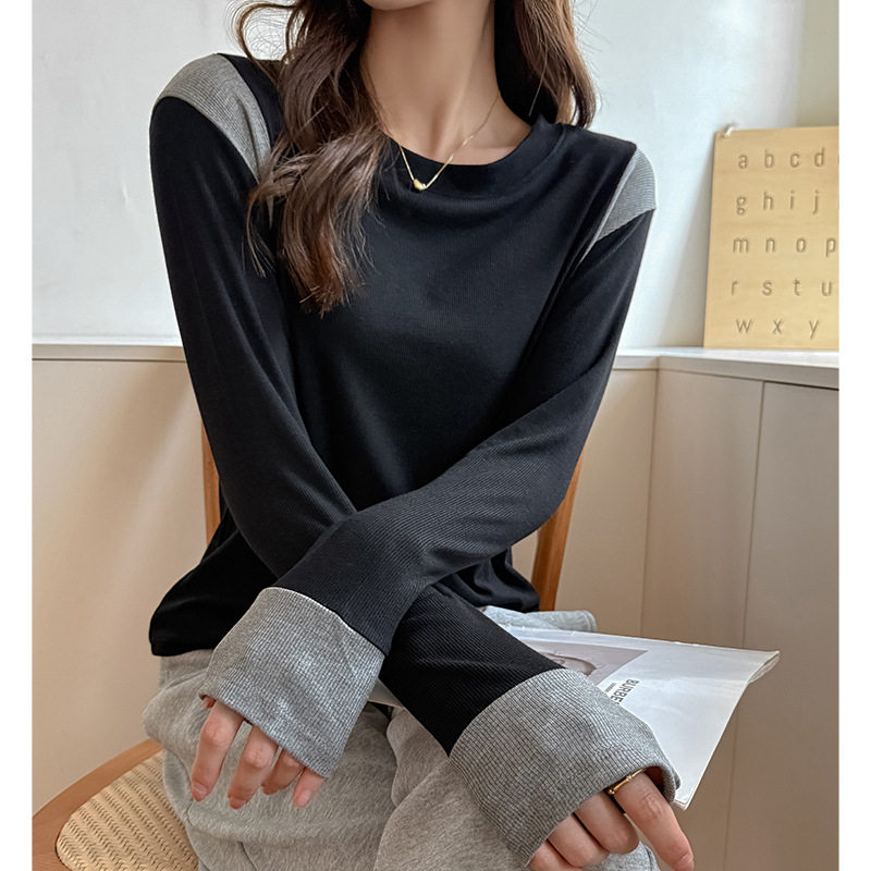 W韩系简约设计感拼色打底衫女秋冬小圆领正肩气质内搭上衣，保暖内衣，搜酷衣阁