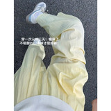 黄色奶芙山本裤女夏季薄款休闲高腰垂感拖地直筒裤宽松慵懒阔腿裤，女装休闲裤，搜酷衣阁