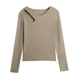 W设计感圆领螺纹镂空打底衫女秋冬季正肩修身显瘦内搭可外穿上衣，保暖内衣，搜酷衣阁