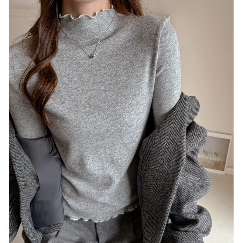 季仿羊绒半高领木耳边纯色打底衫女内搭长袖t恤德绒中领上衣，女装T恤，搜酷衣阁