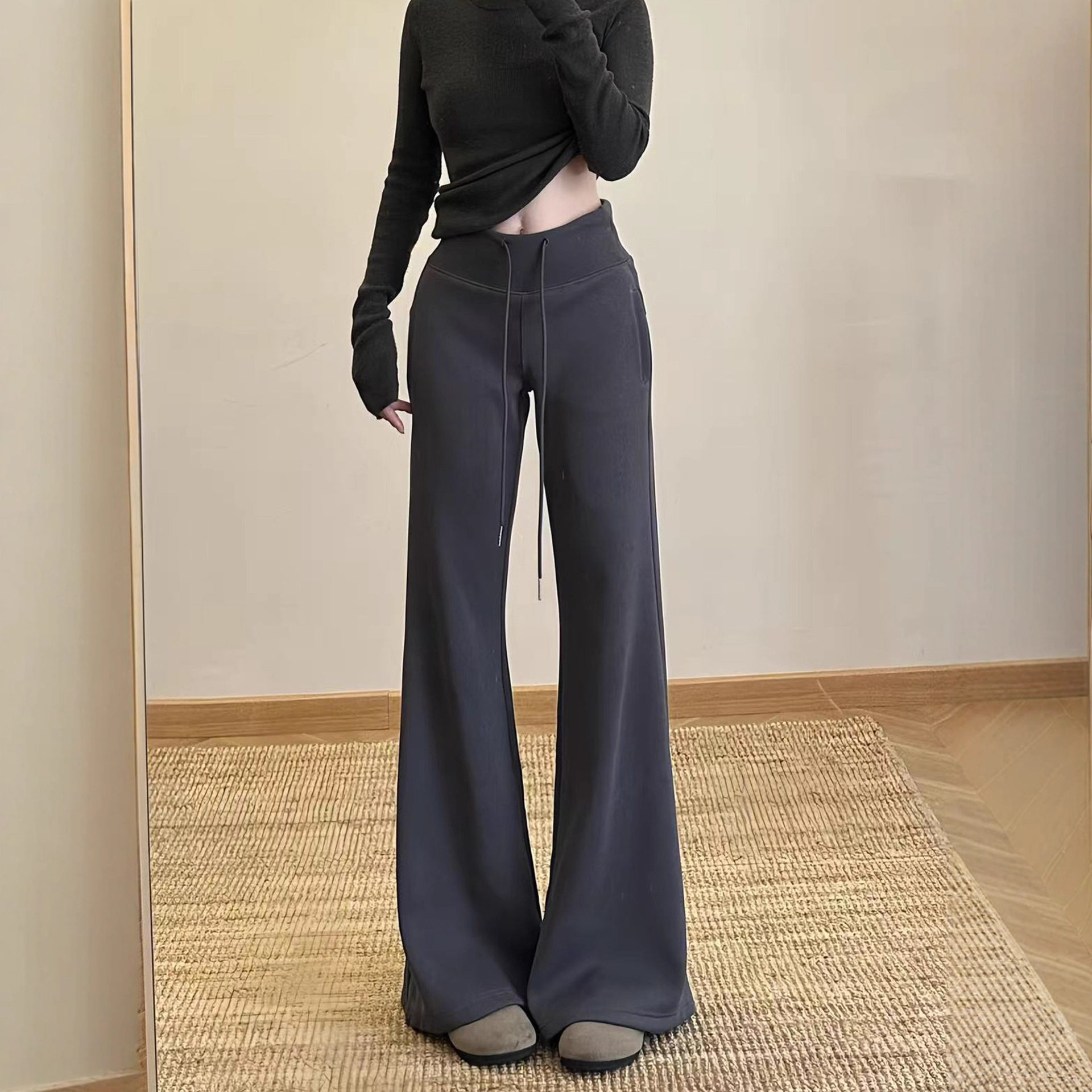 2026新款高腰lulu条纹显瘦垂感宽松慵懒风微喇裤女秋冬加绒加厚，女装休闲裤，搜酷衣阁