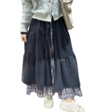 大码胖mm咖棕色灯芯绒半身裙女秋冬日系微胖格纹长裙重工蛋糕裙子，女装半身裙，搜酷衣阁