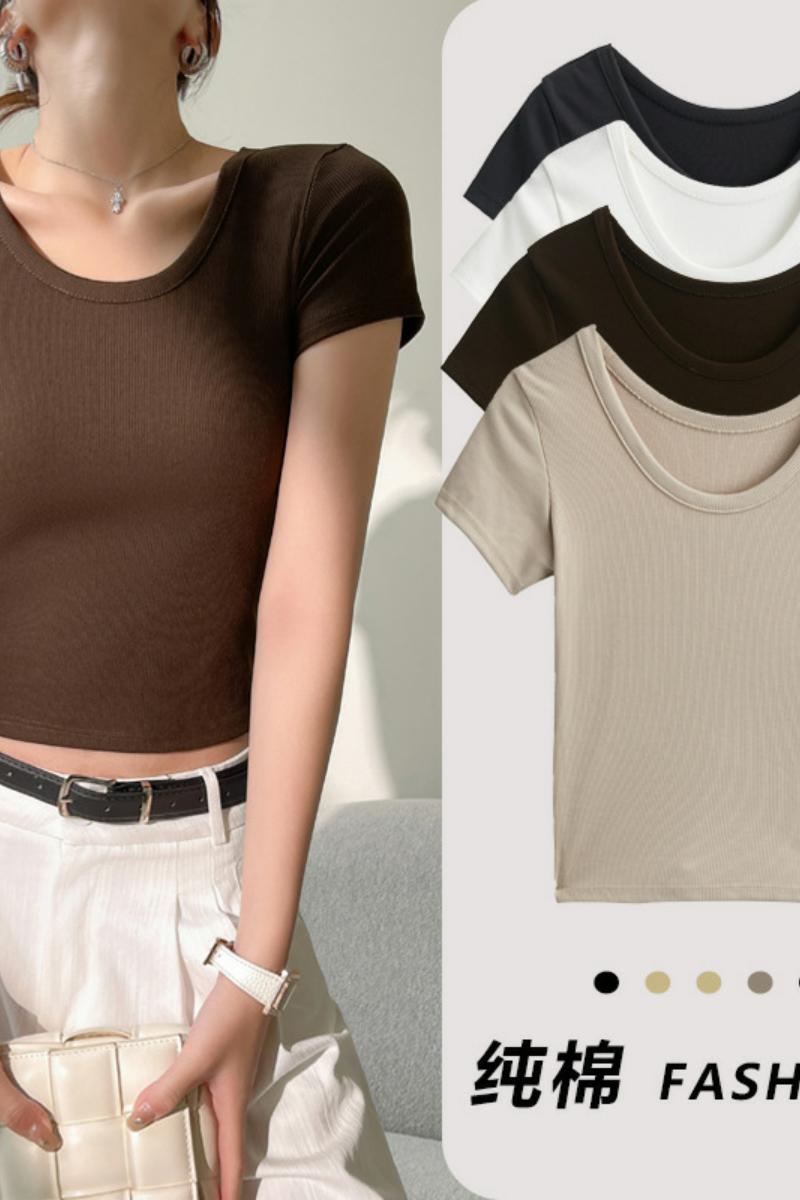 纯棉螺纹小圆领修身短款打底衫女内搭正肩短袖t恤春夏可外穿上衣，女装T恤，搜酷衣阁