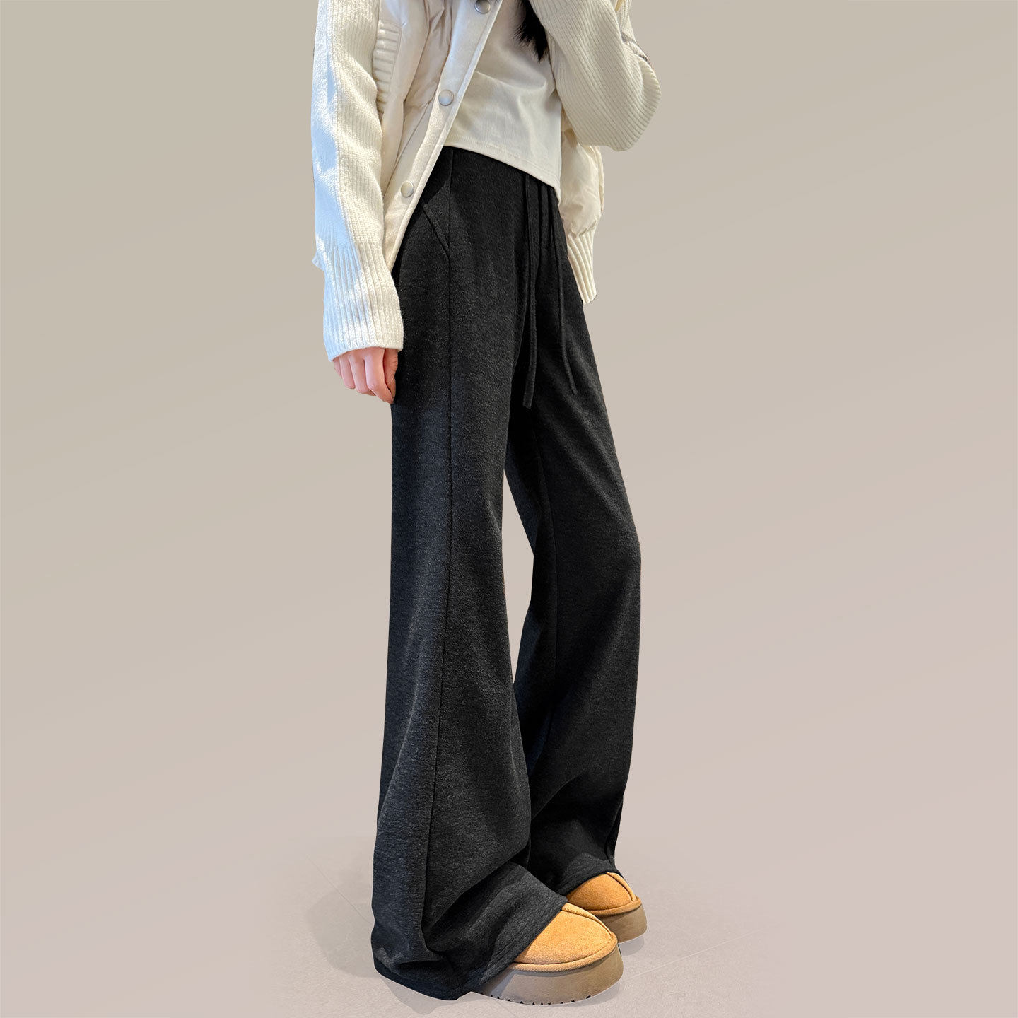 羊毛微喇裤女秋冬黑色加绒毛呢裤子加长高个子垂感糯米运动喇叭裤，女装休闲裤，搜酷衣阁