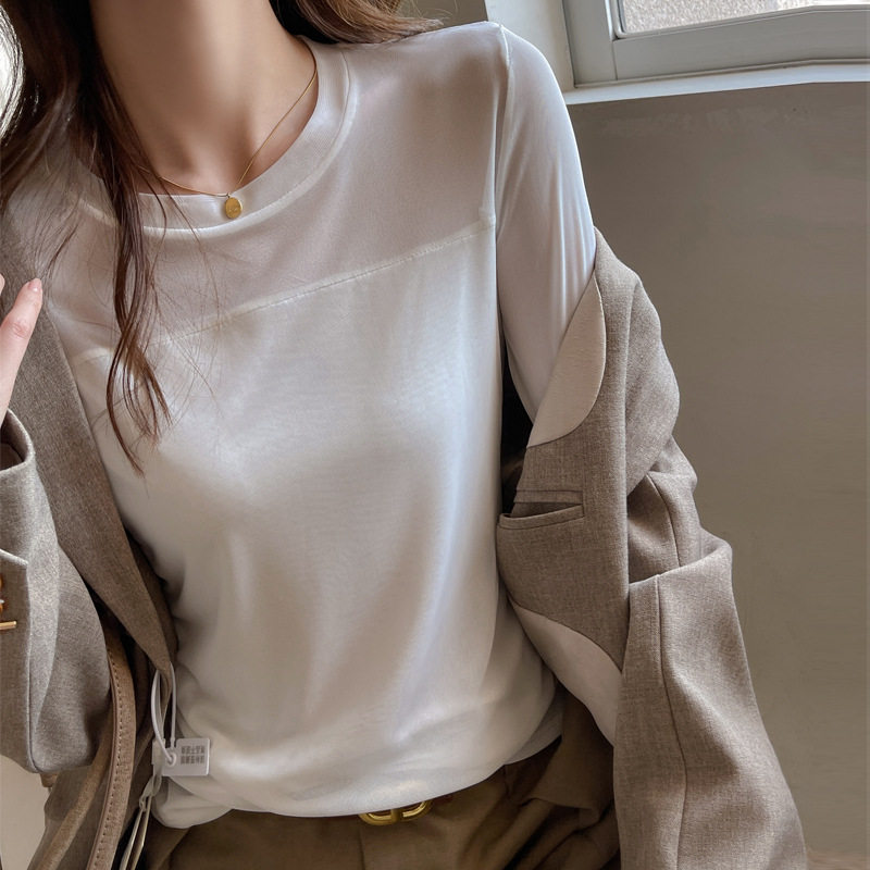 秋冬圆领网纱拼接设计高级感长袖正肩t恤女内搭打底衫可外穿上衣，保暖内衣，搜酷衣阁