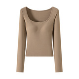 H588大U领打底衫女春秋冬季内搭可拆卸带胸垫修身显瘦T恤长袖上衣，保暖内衣，搜酷衣阁