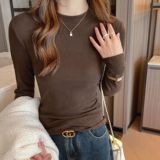 W秋冬季小圆领正肩长袖打底衫女高级感简约纯色内搭修身显瘦上衣，保暖内衣，搜酷衣阁