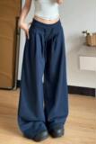 美式藏青色运动裤女秋季2025新款宽松休闲低腰抽绳垂感阔腿拖地裤，女装休闲裤，搜酷衣阁