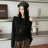 纯欲辣妹修身显瘦露肩长袖T恤女装秋季小众设计感百搭打底衫上衣，女装T恤，搜酷衣阁