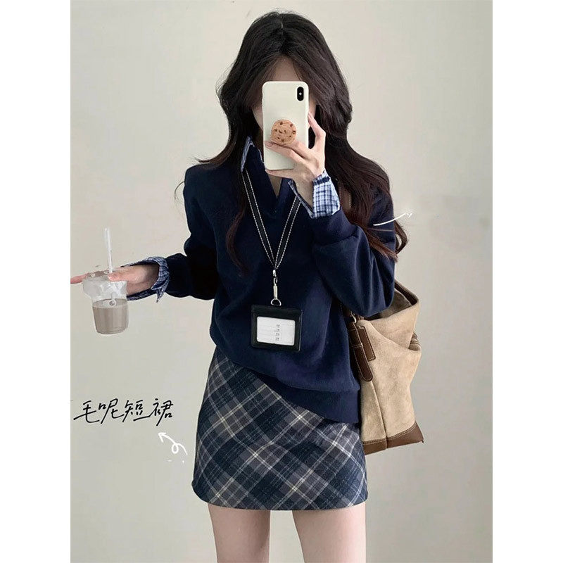 灰色格子毛呢半身裙女秋冬短裙2026新款高腰a字小个子显瘦包臀裙，女装半身裙，搜酷衣阁