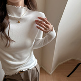 季仿羊绒半高领木耳边纯色打底衫女内搭长袖t恤德绒中领上衣，女装T恤，搜酷衣阁