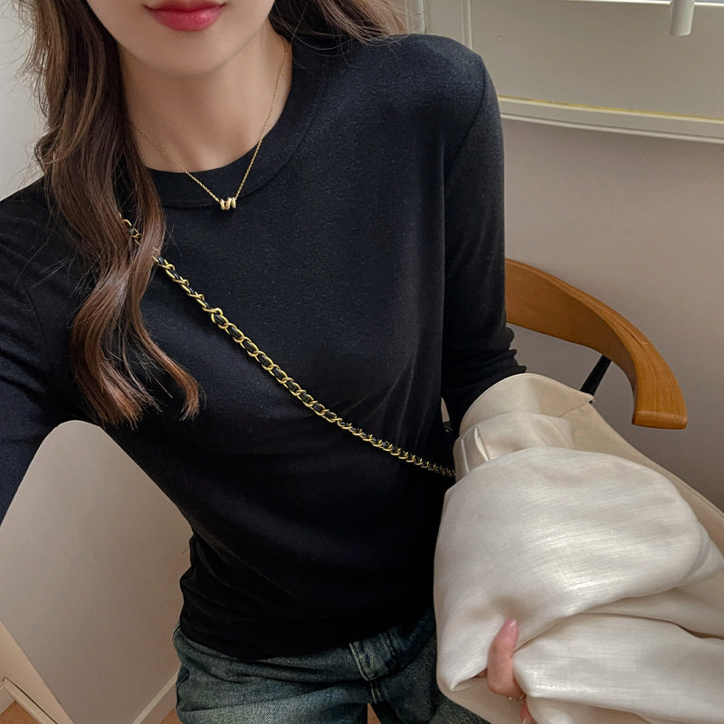 莱赛尔圆领纯色百搭设计感拼接长袖打底衫女内搭t恤上衣，女装T恤，搜酷衣阁