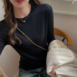 莱赛尔圆领纯色百搭设计感拼接长袖打底衫女内搭t恤上衣，女装T恤，搜酷衣阁