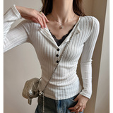 W新款v领蕾丝内搭打底衫女季纯欲风拼接设计感可外穿显瘦上衣，女装T恤，搜酷衣阁