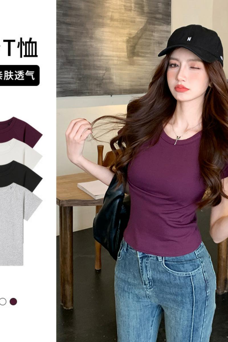 H105正肩圆领短袖t恤女夏设计感显瘦修身上衣打底辣妹显身材背心，女装T恤，搜酷衣阁
