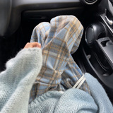 蓝色毛呢格子裤女2026新款秋冬季宽松松弛感小个子加绒阔腿裤，女装休闲裤，搜酷衣阁