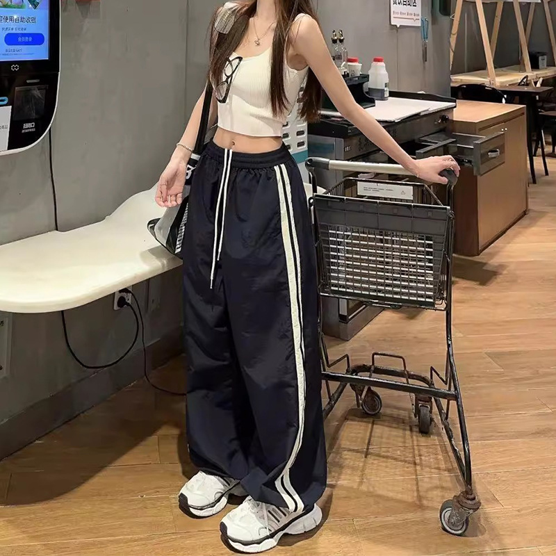 美式运动裤女夏季2025新款高腰宽松阔腿裤休闲侧条纹两穿速干裤子，女装休闲裤，搜酷衣阁