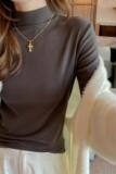 德绒半高领加绒磨毛长袖打底衫女内搭正肩t恤高级感显瘦上衣，女装T恤，搜酷衣阁