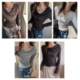 W白色设计感长袖t恤女新款百搭显瘦堆堆领内搭外穿打底衫上衣，女装T恤，搜酷衣阁