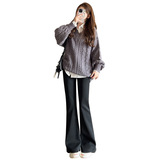 黑色加绒微喇裤女裤子秋冬季高腰提臀瑜伽大码胖mm显瘦喇叭西装裤，女装休闲裤，搜酷衣阁