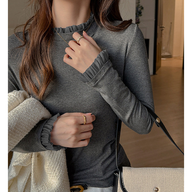 W新款女士打底衫韩系简约小立领花边袖设计感内搭上衣，女装T恤，搜酷衣阁