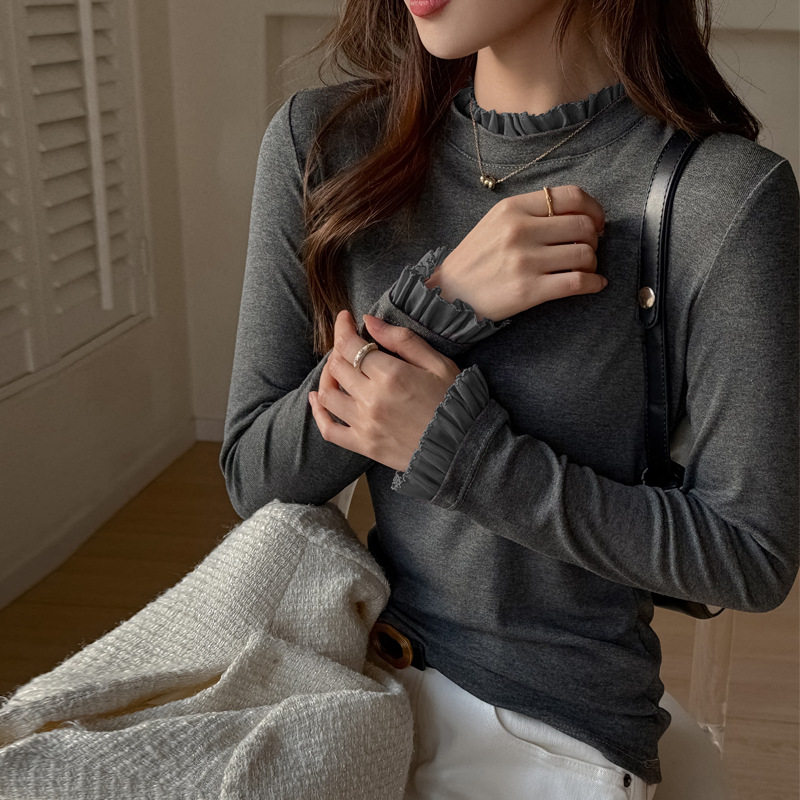 蕾丝领口设计感长袖t恤女内搭可外穿洋气时尚打底上衣，女装T恤，搜酷衣阁