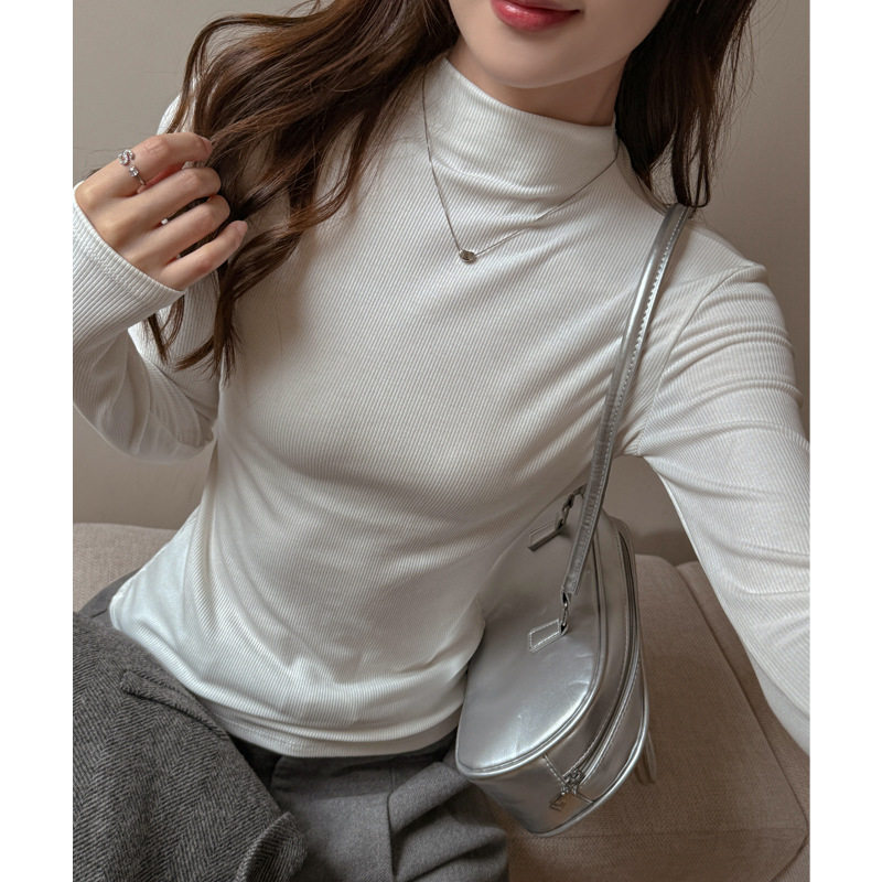 天丝莱赛尔中领坑条基础款纯色长袖打底衫女内搭秋冬正肩t恤上衣，保暖内衣，搜酷衣阁