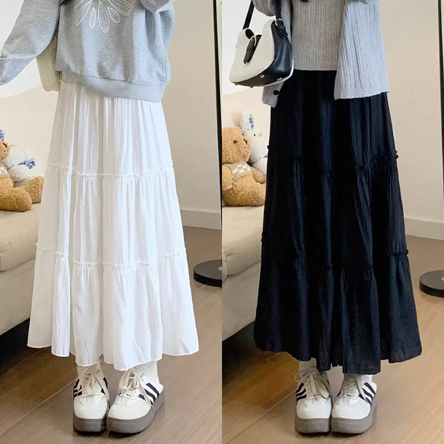 白色半身裙女春季2026新款高腰a字显瘦百褶长裙小个子蓬蓬蛋糕裙，女装半身裙，搜酷衣阁