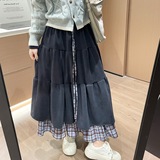 大码胖mm咖棕色灯芯绒半身裙女秋冬日系微胖格纹长裙重工蛋糕裙子，女装半身裙，搜酷衣阁