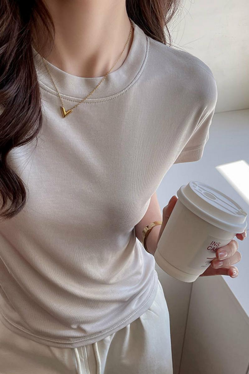 严选莱赛尔短袖t恤女夏季白色百搭正肩高级感显瘦慵懒小上衣，女装T恤，搜酷衣阁