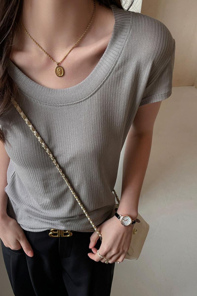 莱赛尔大圆领螺纹针织短袖t恤女式宽松正肩小飞袖基础款上衣，女装T恤，搜酷衣阁