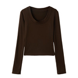 W美式圆领正肩长袖打底衫女秋冬加厚磨毛高级感修身显瘦内搭上衣，保暖内衣，搜酷衣阁