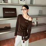 一字领纯欲风长袖T恤女2026秋季新款氛围搭配飘带露锁骨打底上衣，女装T恤，搜酷衣阁