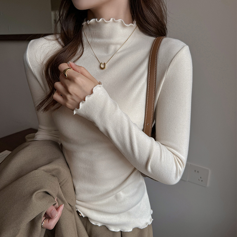 2025新款半高领木耳边打底衫女春秋内搭针织上衣修身正肩长袖t恤,保暖内衣,搜酷衣阁 2025新款半高领木耳边打底衫女春秋内搭针织上衣修身正肩长袖t恤,保暖内衣,搜酷衣阁