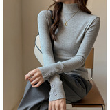 W仿羊绒半高领长袖纽扣打底衫女秋冬设计感修身内搭外穿气质上衣，保暖内衣，搜酷衣阁