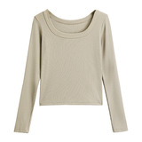 螺纹大方领长袖打底衫女内搭正肩t恤季可外穿显瘦上衣，女装T恤，搜酷衣阁