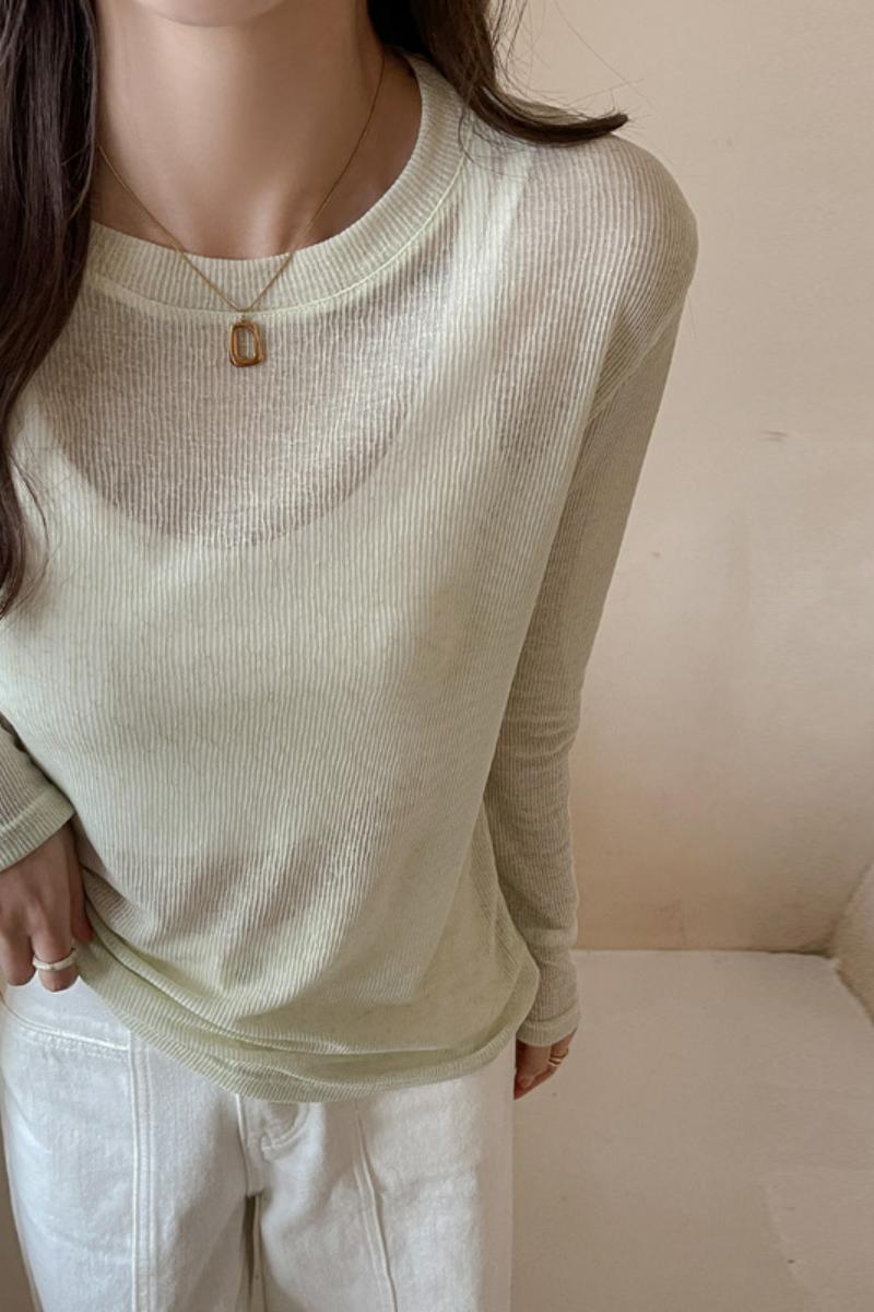 夏季防晒宽松微透罩衫女圆领显瘦长袖t恤纯色空调衫性感基础上衣，女装T恤，搜酷衣阁