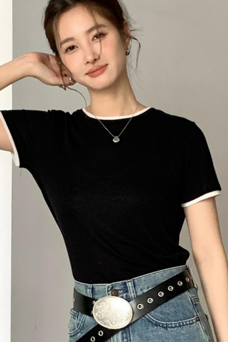 新款兰精打底衫女假两件圆领短袖上衣夏季修身百搭款显瘦t恤，女装T恤，搜酷衣阁