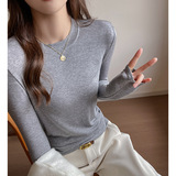 W韩系圆领天丝羊毛打底衫女秋冬新款高级感内搭正肩显瘦灰色上衣，保暖内衣，搜酷衣阁