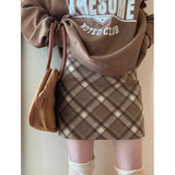 灰色格子毛呢半身裙女秋冬短裙2026新款高腰a字小个子显瘦包臀裙，女装半身裙，搜酷衣阁